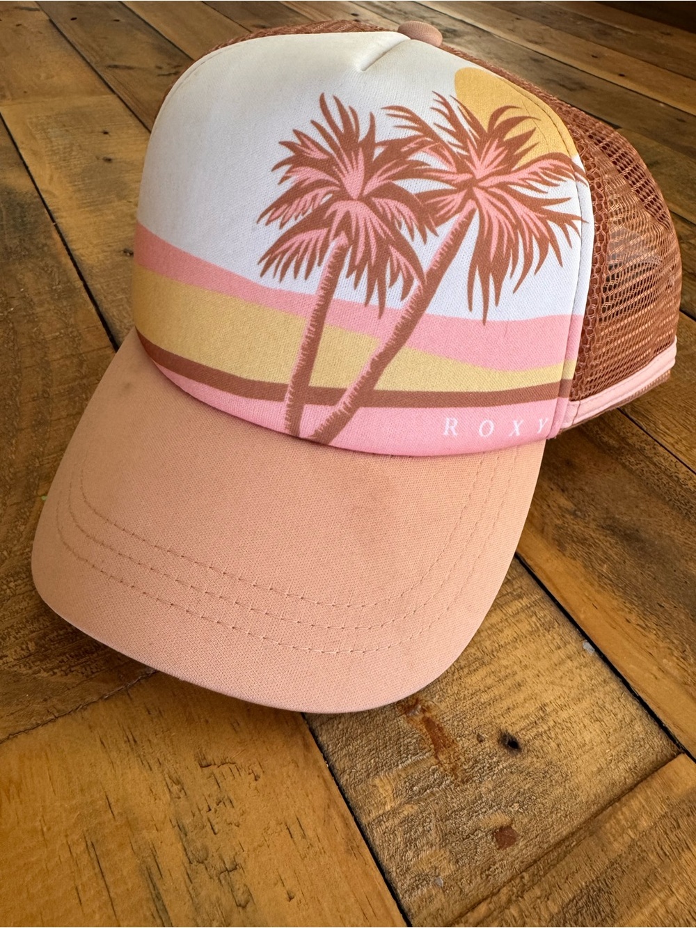 Roxy Sunset Palm Trucker Hat in Pink and Peach